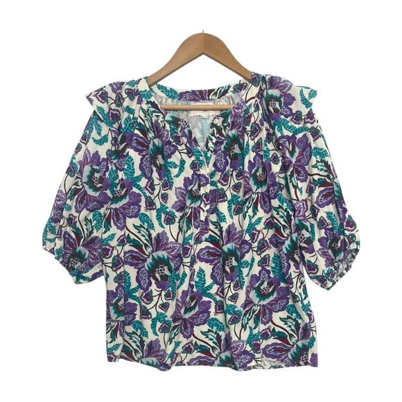 XiRENA Tops - Xirena Top Womens Extra Small Purple Floral Ruffle Puff Sleeve Chic Flowy Boho